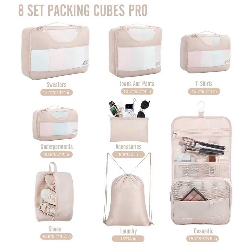 10 Piece Set Packing Cubes for Travel Essentials Suitcase Organizer Bags Cream[K - Picture 2 of 7